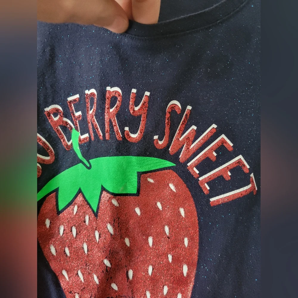 Justice Girls Navy Blue Graphic T-Shirt Top with Glitter Strawberry 14